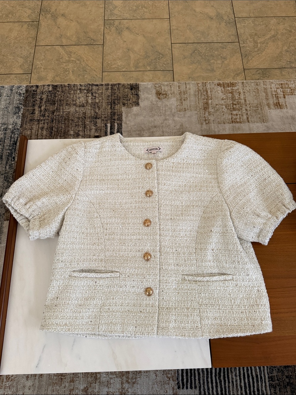 Nanette Lepore Cream Short-Sleeve Tweed Jacket Top